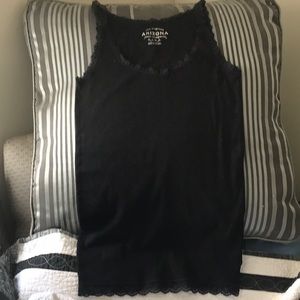 Black stretchy tank top with lace trim.  Size L